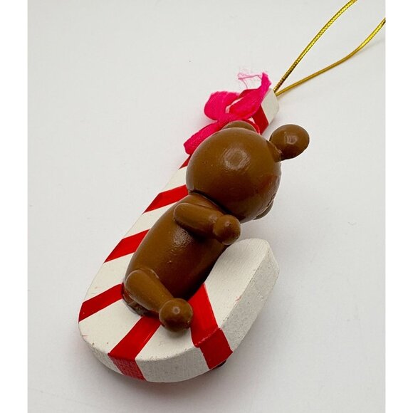 Vintage Christmas Bear Tree Ornament Wooden Hugging Candy Cane 3.5 Inch - Picture 5 of 6